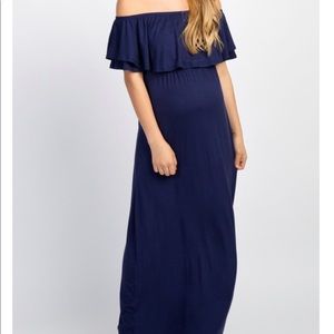 Pinkblush Navy Off Shoulder Ruffle Trim Maxi Dress